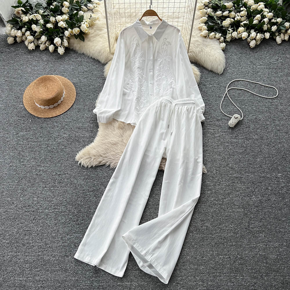 Lazy style casualfashion heavy industry embroiderlooselong sleevesshirt women's high waistslimming lookloose pantsautumsuit