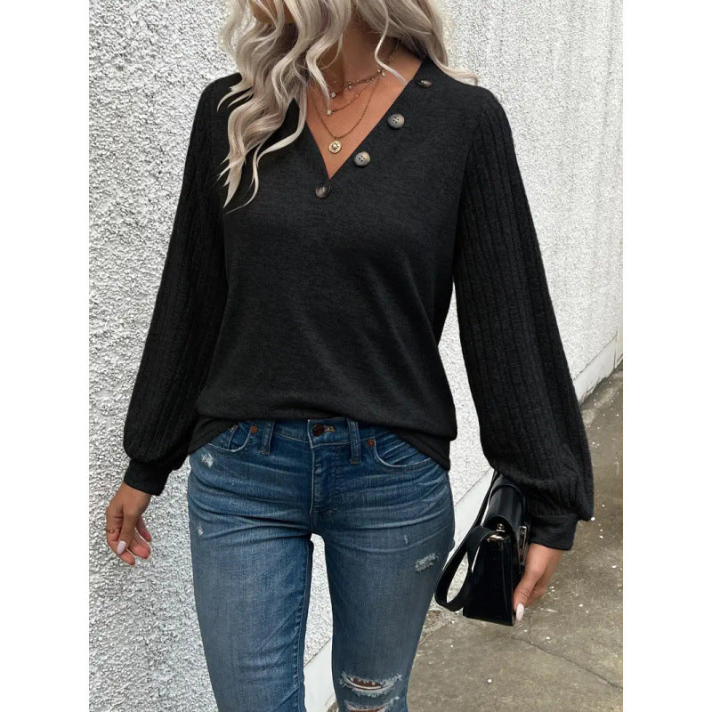 Shipped:  autumn new arrivals - women's button-decorated, patchwork v-neck t-shirt pullover for cross-border fashion in europe and the us