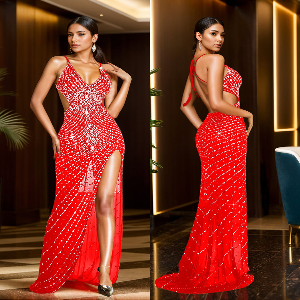 C7023 cross-border   independent station fashionfashion women's rhinestone v neck sleeveless dress long skirt
