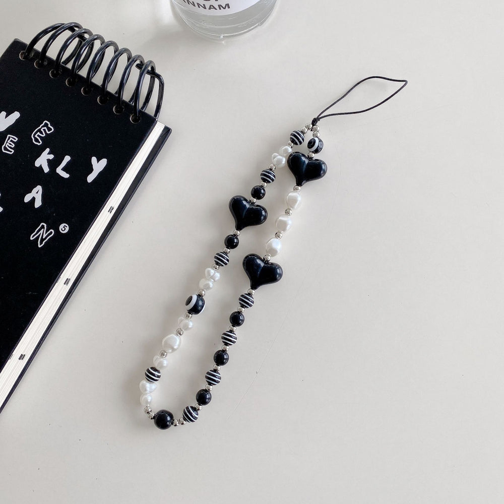 Minimalist crystal square electroplated heart bracelet with transparent star and bear charms, black and white bead phone case charm accessories