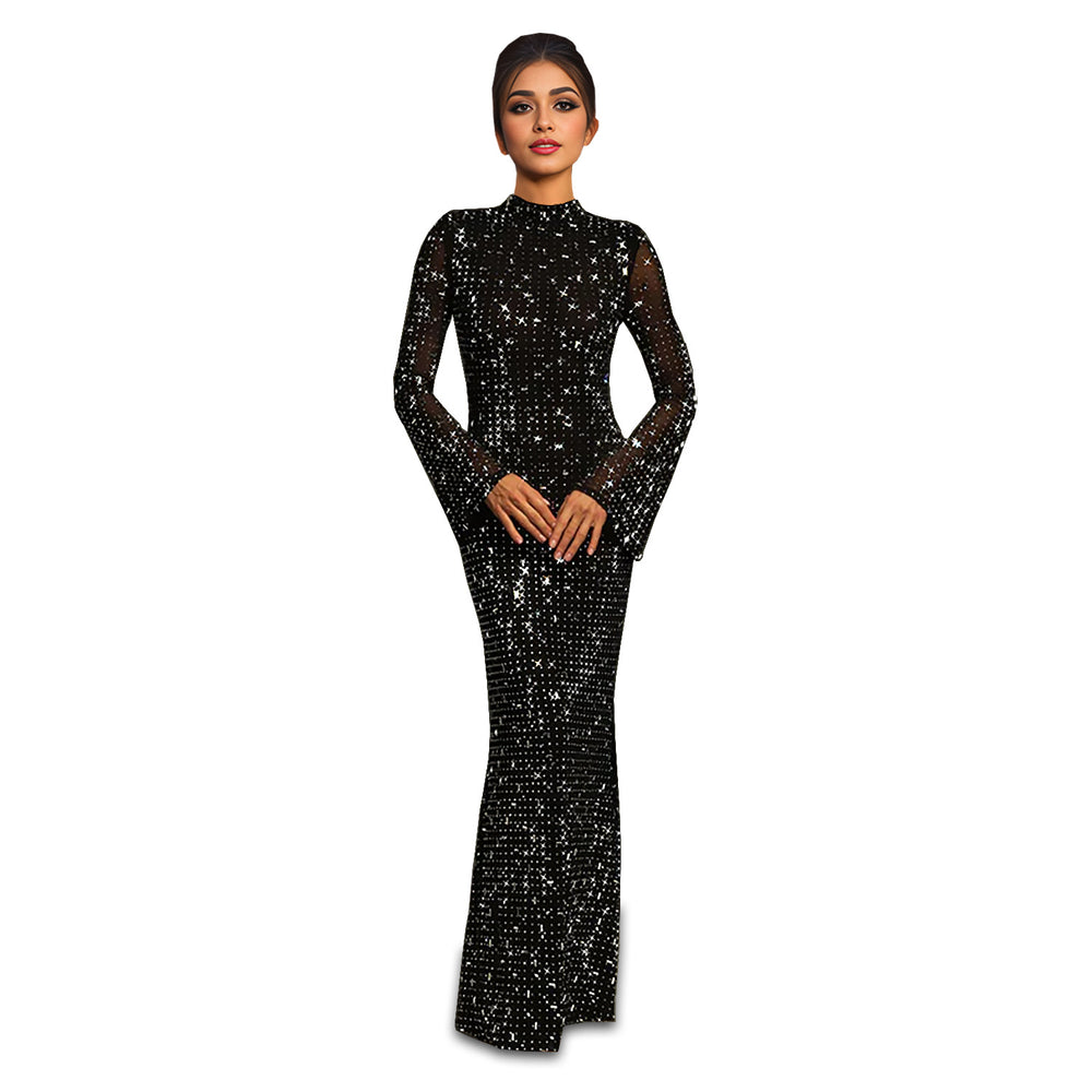 C7186 cross-border   fashion women's bodycon sexy long sleeve rhinestone dress - new arrival