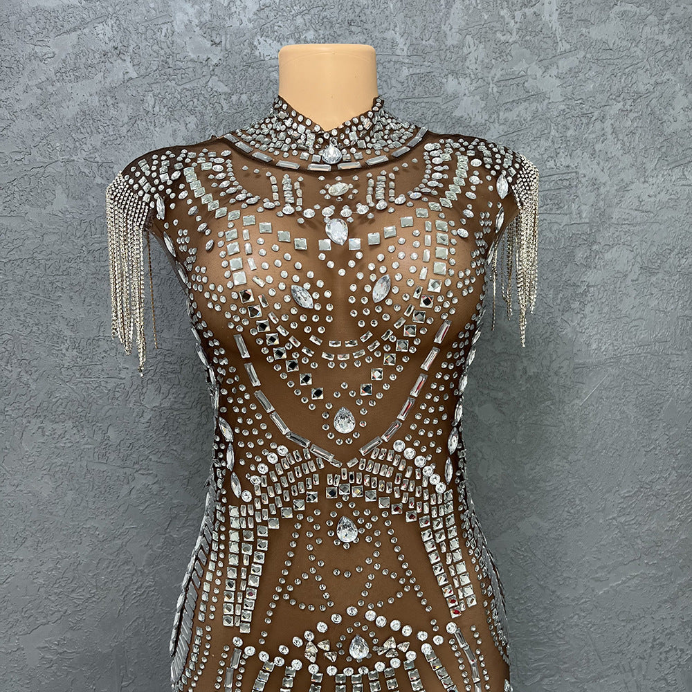 supply elastic mesh hot diamond rhinestone tassel sexy silmcustom performance costume evening dress