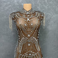 supply elastic mesh hot diamond rhinestone tassel sexy silmcustom performance costume evening dress