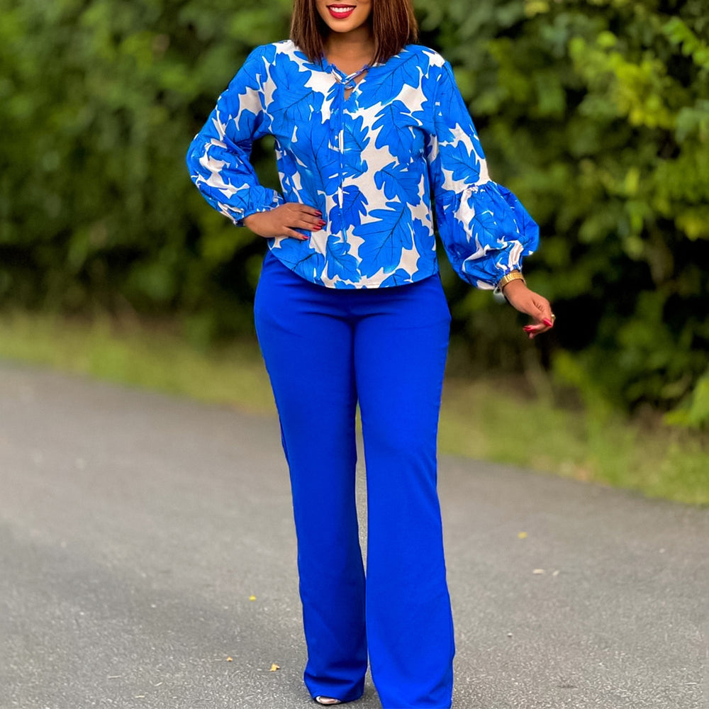 D3289 european and american style women's clothing  new ol fashion printed long sleeve top and wide leg pants two-piece set african outfit