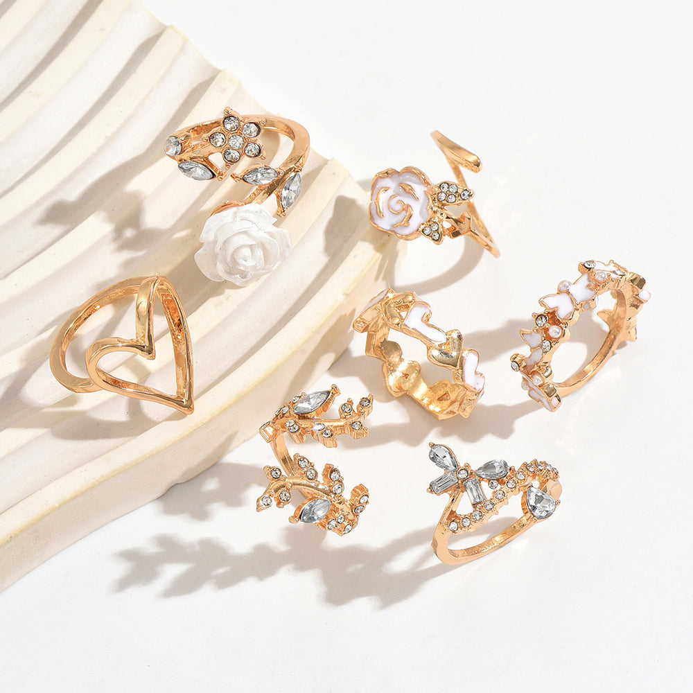 European and american cross-border fashion camellia flower ring set - niche, light luxury, high-end, diamond-studded heart and butterfly finger rings for women