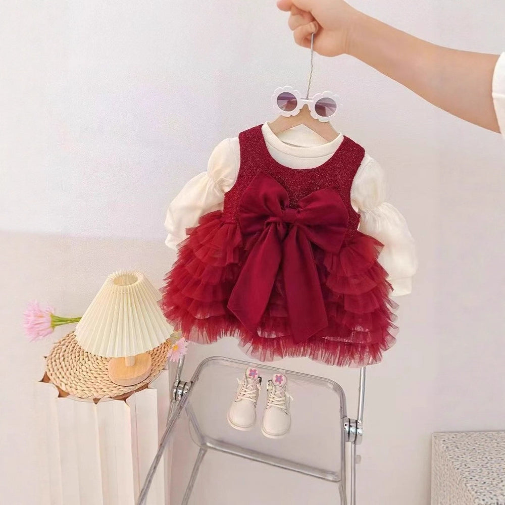 Girls' winter fleece-lined two-piece set,  new stylish children's first birthday baby dress, red princess dress