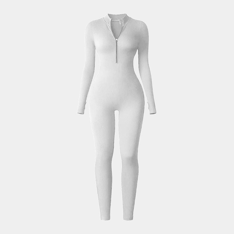 popular thick-threaded sports jumpsuit women's zipper thumb hole tight long-sleeved stand-up collar yoga clothes Europe and America