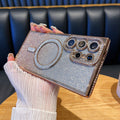 Rhinestone-embellished magnetic glitter case for samsung s25 ultra, s26 plus, with diamond-studded lens protector and a16 case