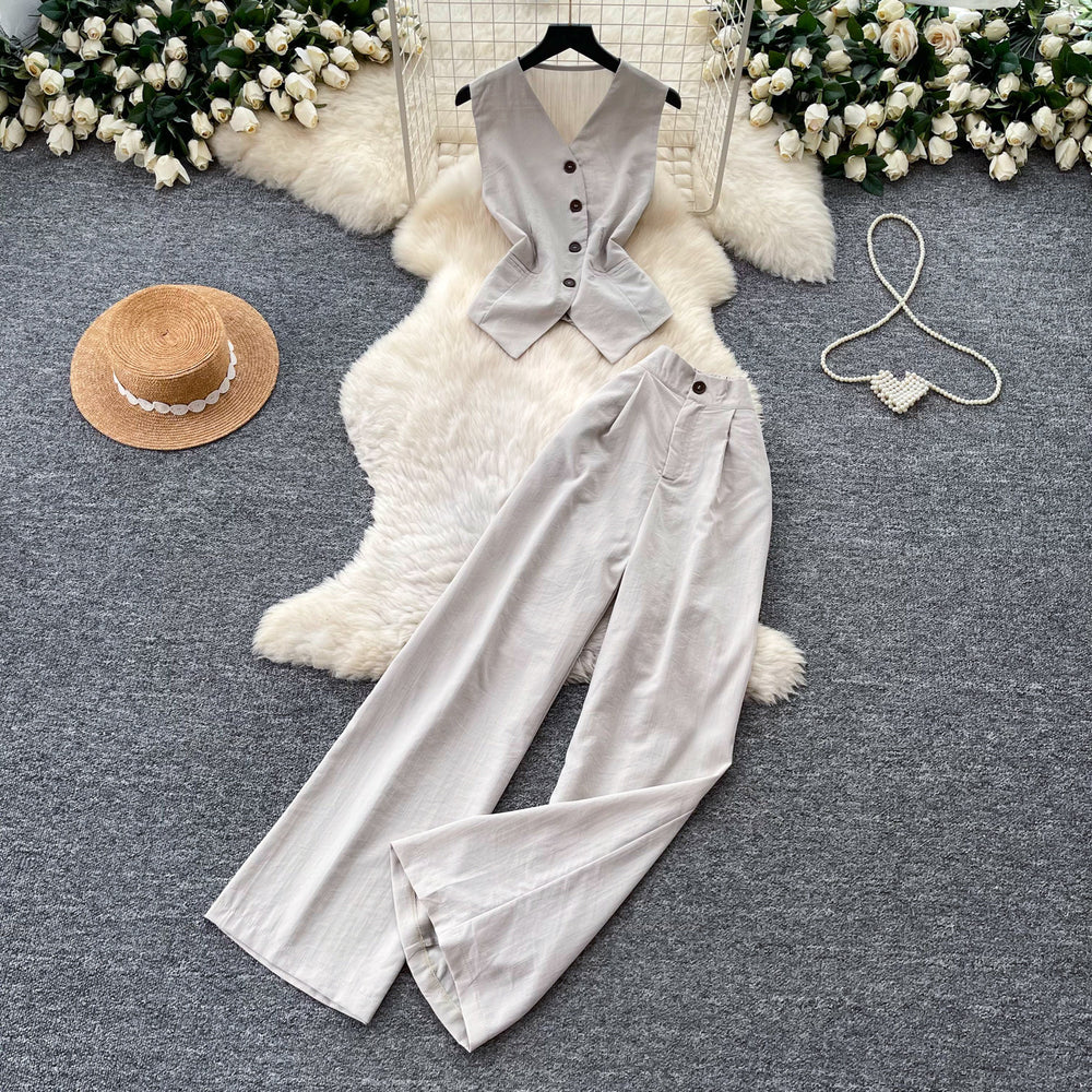 Korean style commute outfit sleeveless v-neck vest two-piece set women's summer high-waisted slimming fashion suit