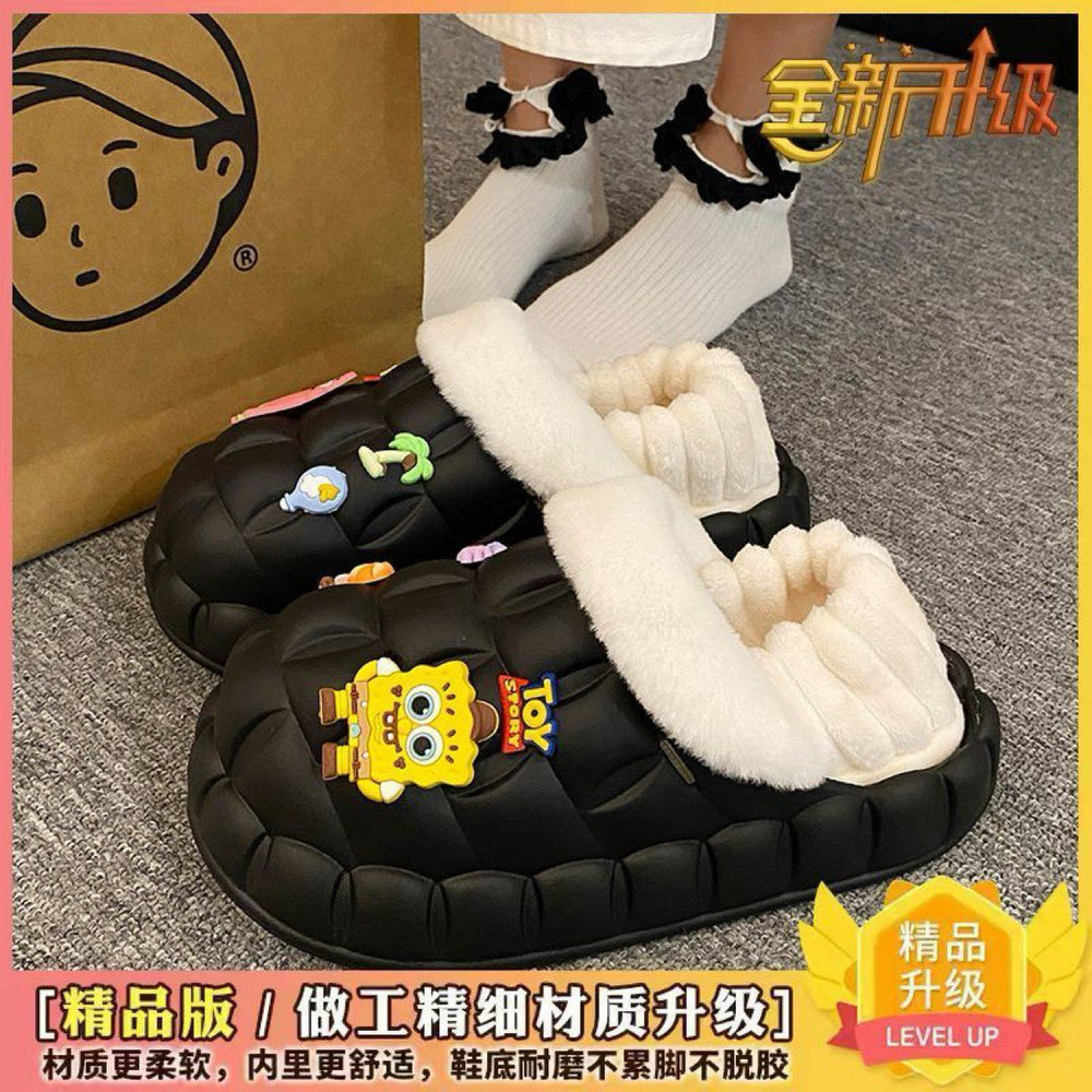 2025 women's winter slippers: cute cartoon design, thick sole, fleece lined, non-slip, wear-resistant, warm, detachable waterproof cotton shoes