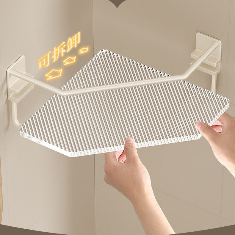 Bathroom shelf, toilet corner organizer, no-drill washroom storage, acrylic off-white tripod shelf