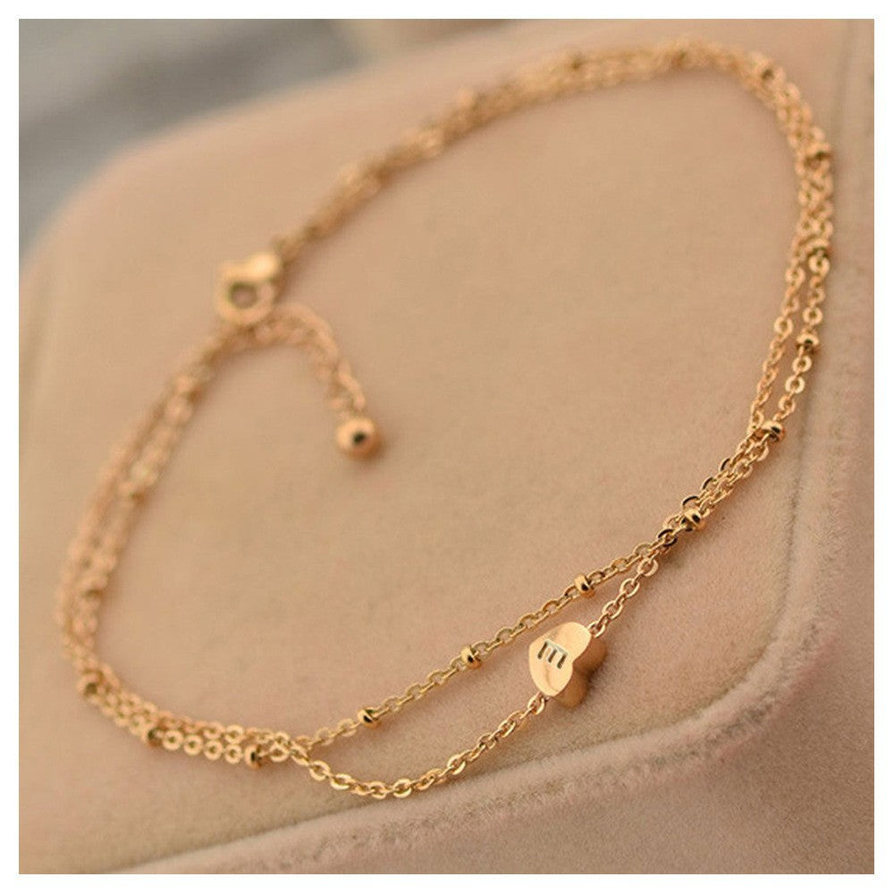 European and american cross-border fashion women's heart-shaped ankle bracelet exquisite layered anklet letter beach jewelry gift