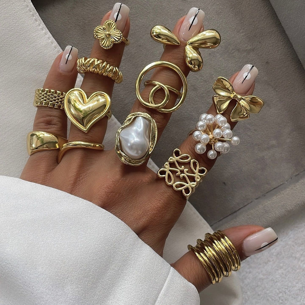 Women's ring set wholesale - european & american cross-border faux pearl jewelry - vintage, light luxury, high-end heart & bowknot finger rings