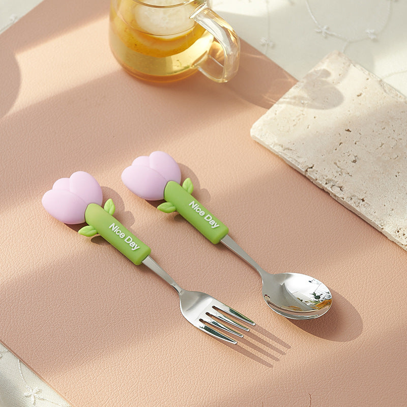 Cartoon tulip school portable 304 stainless steel cutlery set - cute dessert forks and spoons for kids