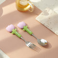 Cartoon tulip school portable 304 stainless steel cutlery set - cute dessert forks and spoons for kids