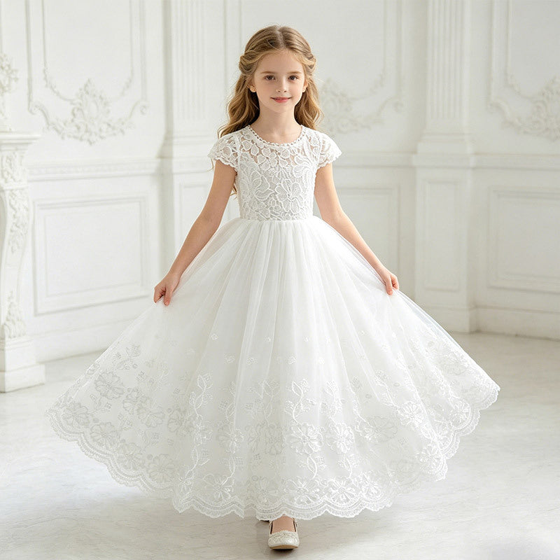 Amazon cross-border girls' dress - white minimalist style fashionable lace patchwork children's dress - new summer collection