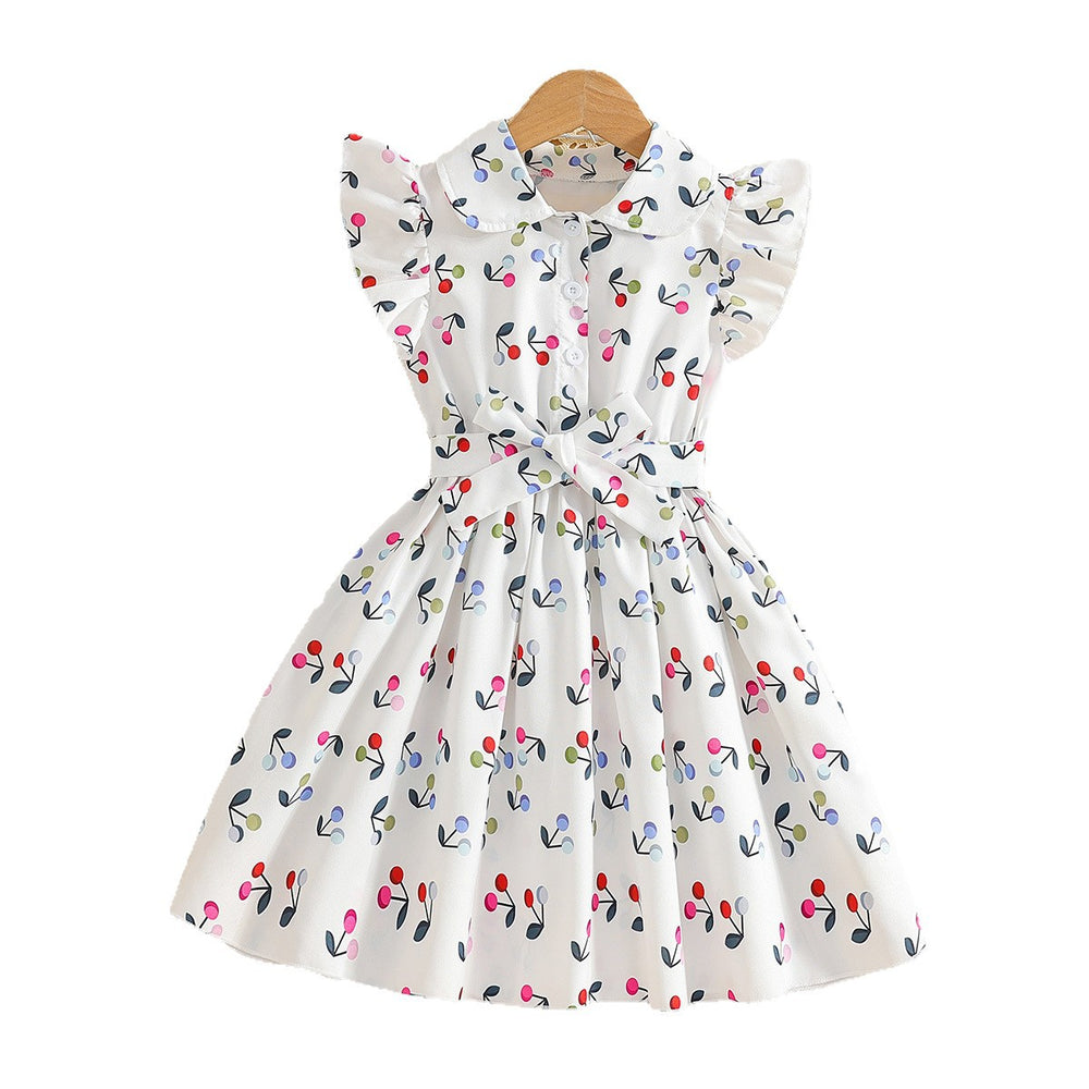 Girls' summer dress for export: white flutter sleeve, peter pan collar, cherry print, bow belt, children's princess dress