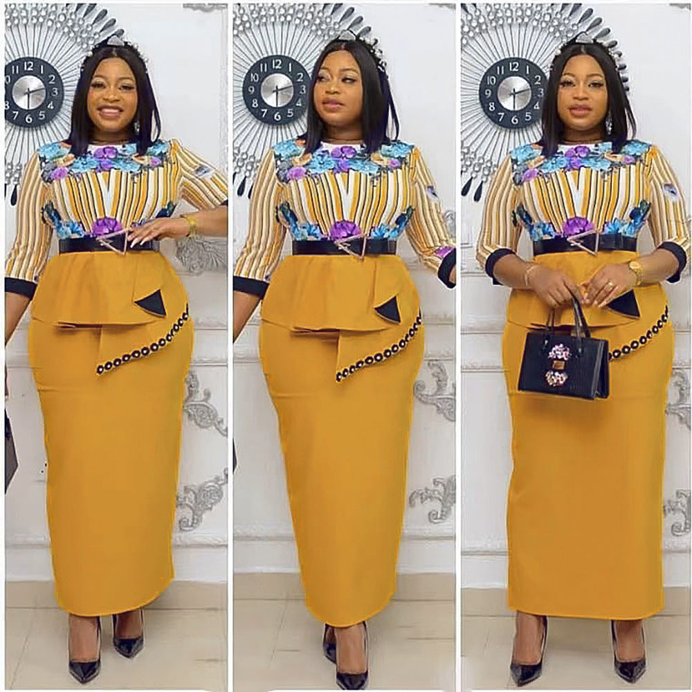 African plus size  spring style printing high waistslimming look hip-covering asymmetricalruffleswork clothingdress wholesale