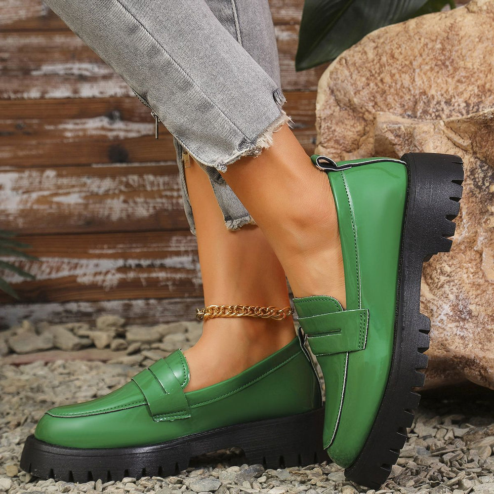 spring/autumn new collection: women's mid-heel square heel flats - export quality, british style chunky sole, round toe, preppy slip-on leather shoes