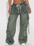 American retro distressed workwear wide-leg jeans - women's side pocket cargo pants with drawstring waist and loose fit