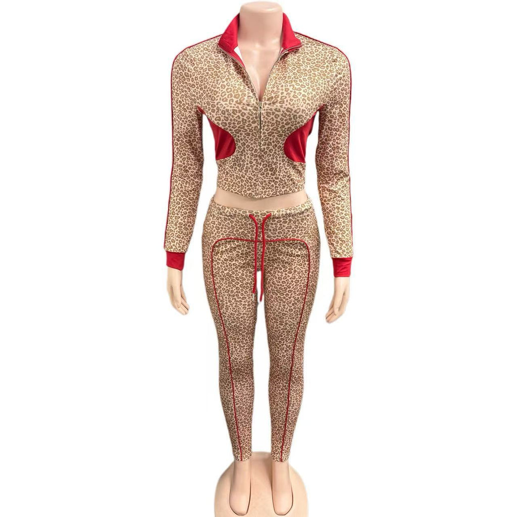 Europe and the United States  2025 new women's clothing leopard print contrasting color long-sleeved zipper cardigan drawstring trousers two-piece set