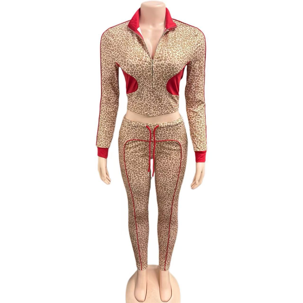 Europe and the United States  2025 new women's clothing leopard print contrasting color long-sleeved zipper cardigan drawstring trousers two-piece set