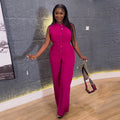 Fashion cross-border women's clothing  summer new arrival stand collar buttoned sleeveless waist tie tops wide leg pants suit