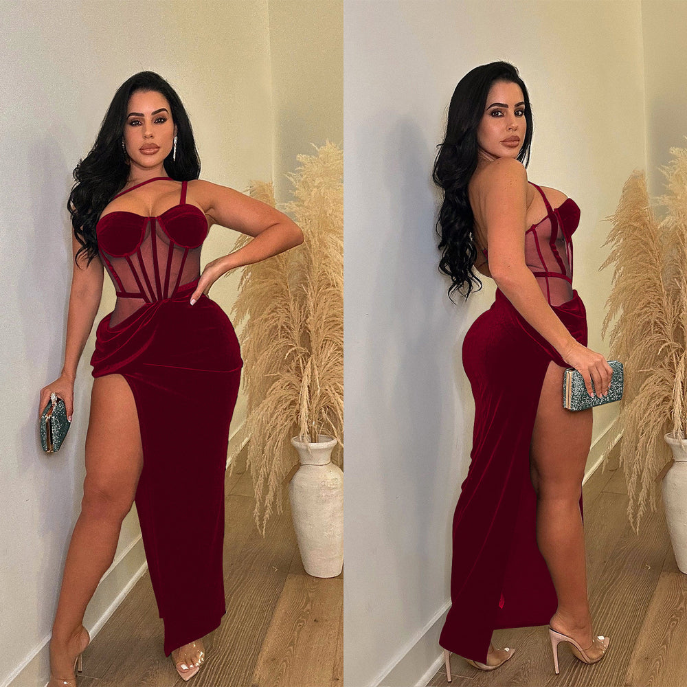 C6732 cross-border   fashion women's solid color mesh suspender slit maxi dress