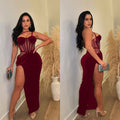 C6732 cross-border   fashion women's solid color mesh suspender slit maxi dress