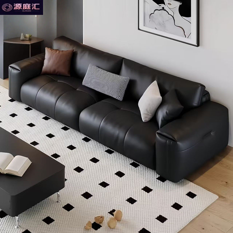 Italian minimalist genuine leather sofa, perfect for small apartments. black, top-grain cowhide, straight-row, high-end leather sofa for home living rooms