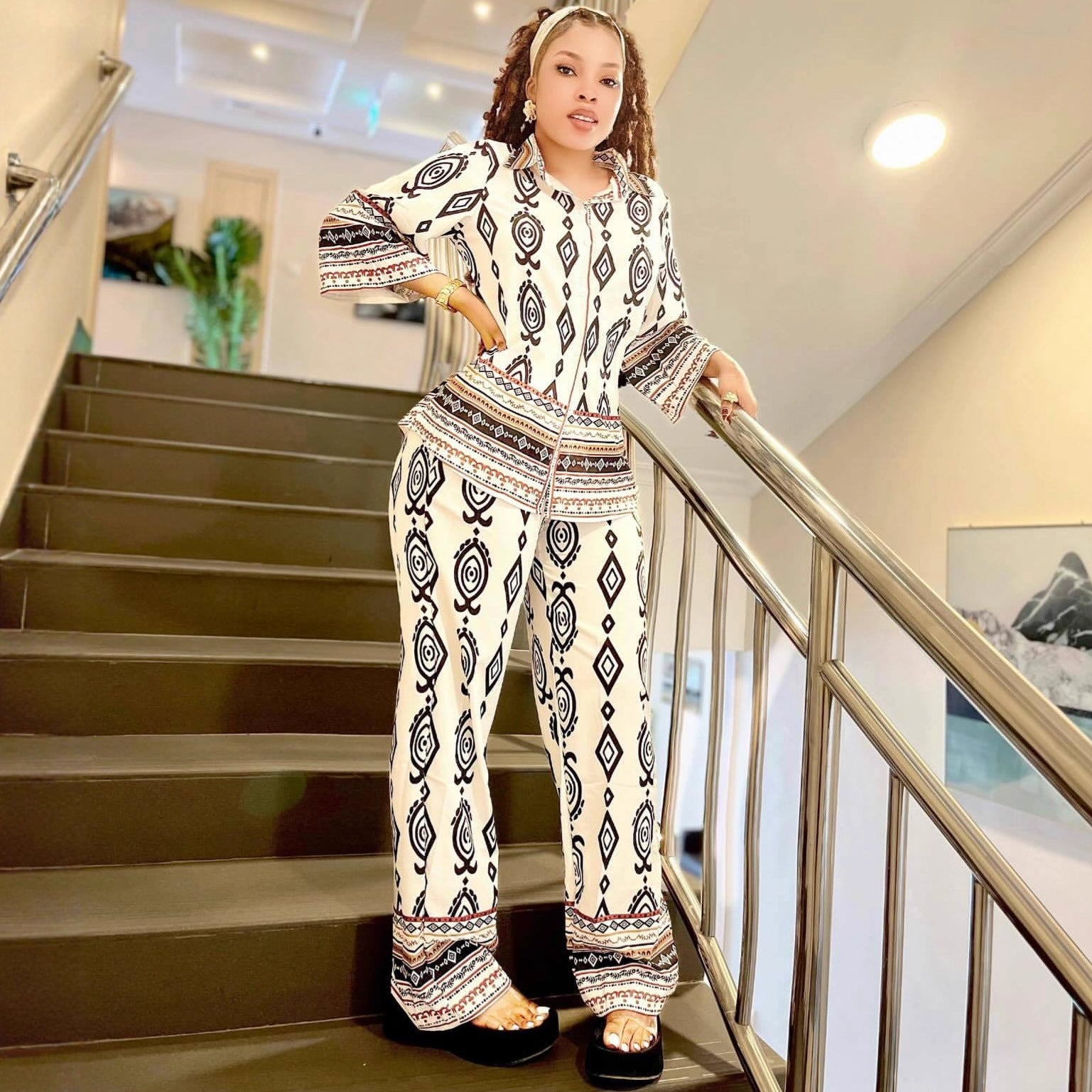 European and American large-size women's clothing long-sleeved lapel positioning printed cardigan shirt wide-leg trousers African new two-piece set women