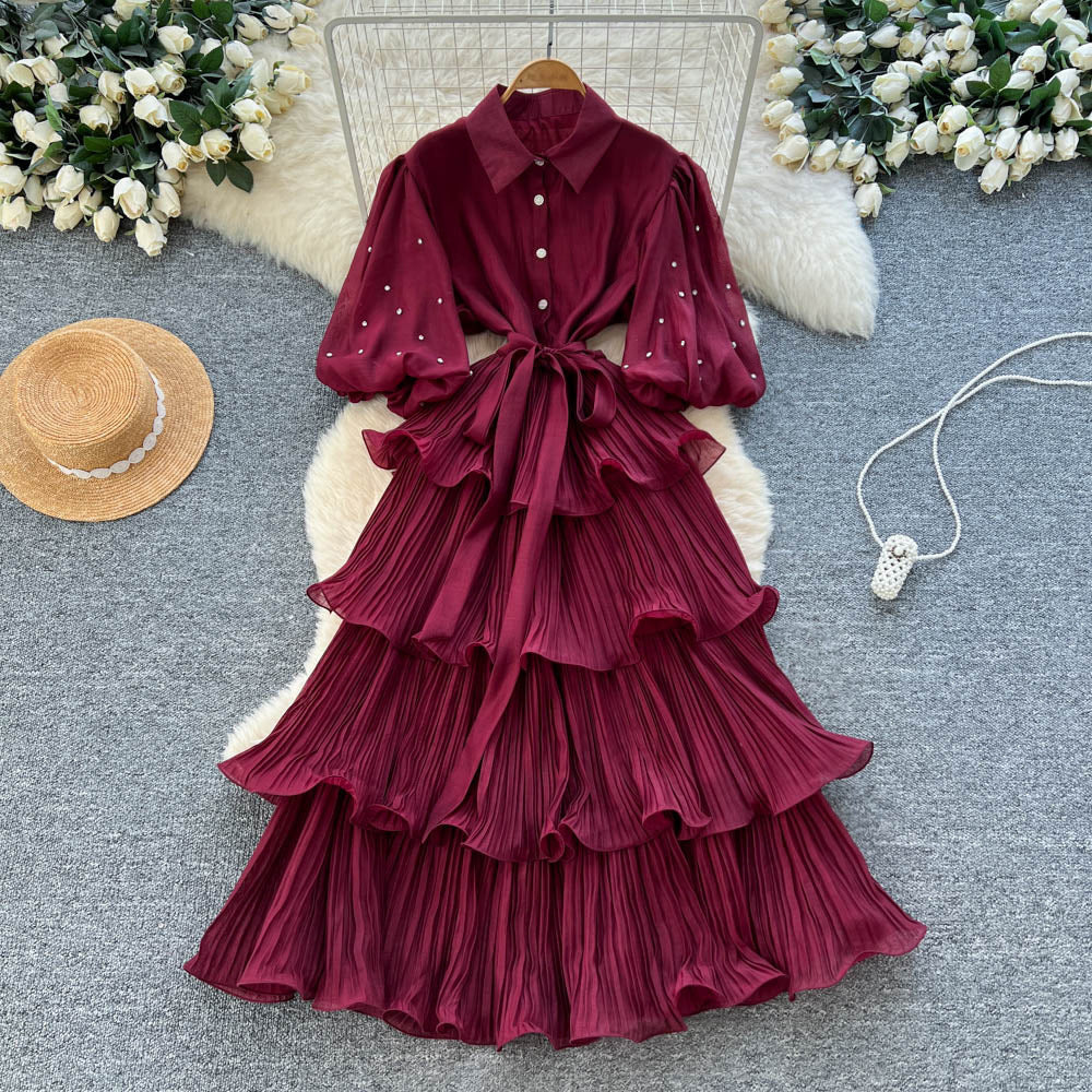 French retro court style, heavily embellished rhinestone lantern sleeve, tie-waist, slimming, elegant ruffle hem pleated dress