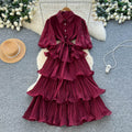 French retro court style, heavily embellished rhinestone lantern sleeve, tie-waist, slimming, elegant ruffle hem pleated dress