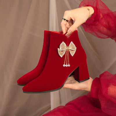 Winter wedding shoes for women 2023new arrival xiuhe wedding dress two-wear thick heel wedding shoes bridal shoes high heels not tiring feet