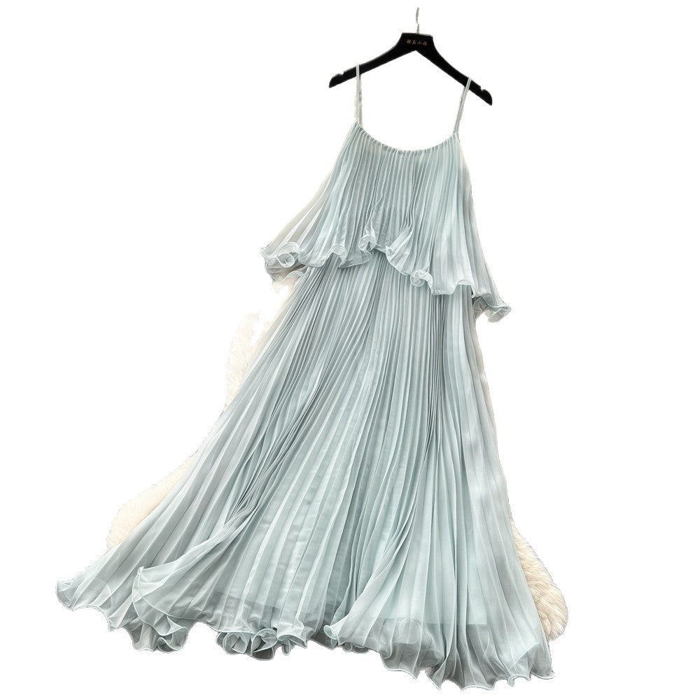 Vacation-style light blue camisole sleeveless dress for women, featuring a summer ruffle trim, high waist, slimming effect, and pleated fairy-length skirt
