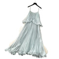 Vacation-style light blue camisole sleeveless dress for women, featuring a summer ruffle trim, high waist, slimming effect, and pleated fairy-length skirt