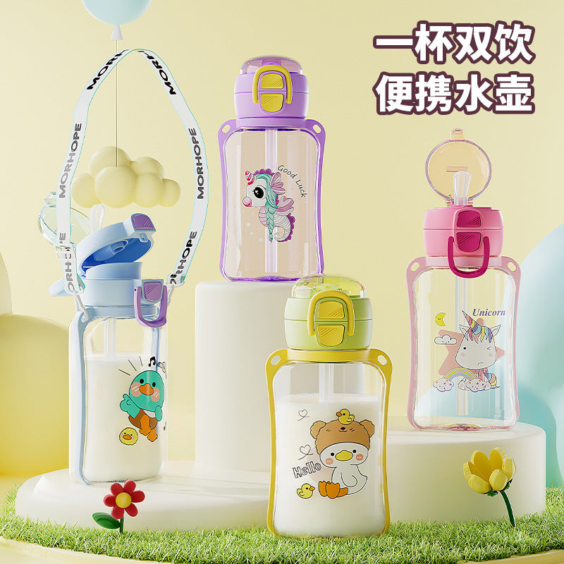 Fresh cartoon pop-top straw cup for home student kids convenient leak-proof strap carrying rope resistant to falling cute water cup