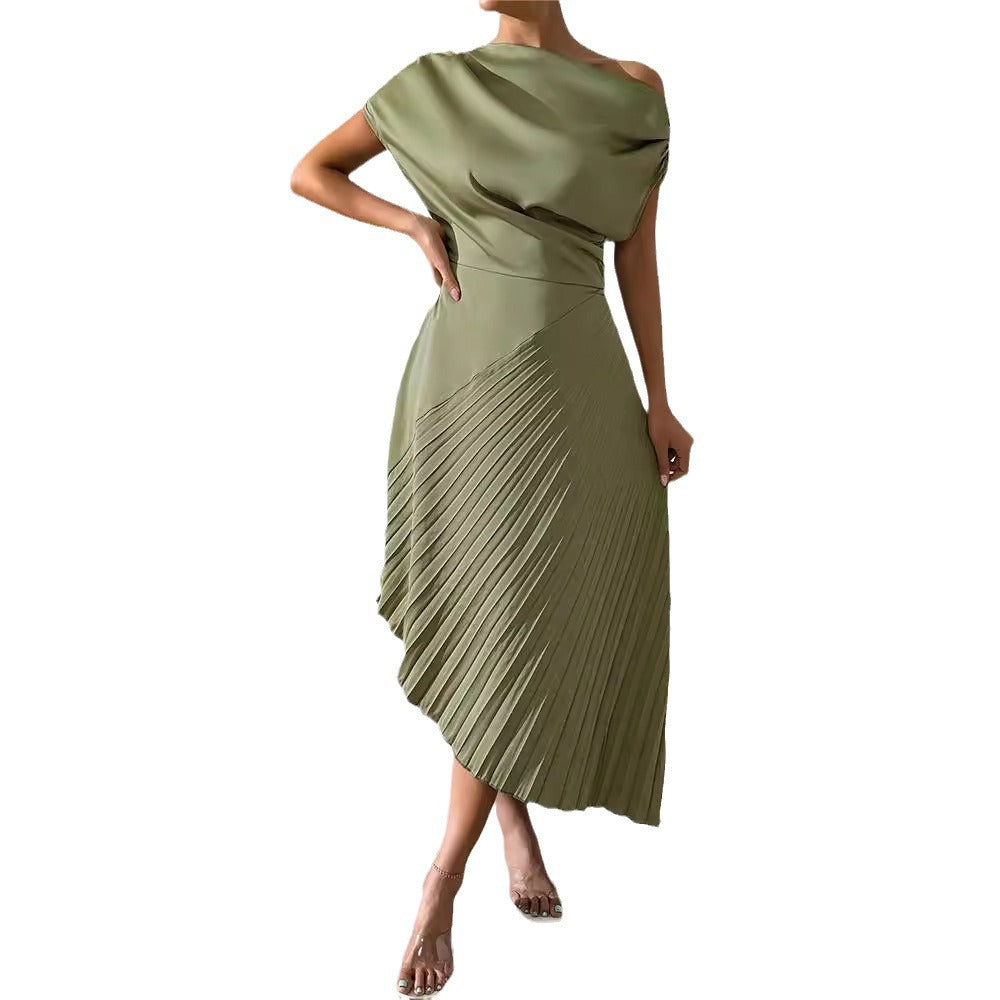 Amazon fashion summer new arrivalelegance oblique shoulder one-line collar pleated hip covering sense of design asymmetricaldress women