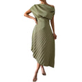 Amazon fashion summer new arrivalelegance oblique shoulder one-line collar pleated hip covering sense of design asymmetricaldress women