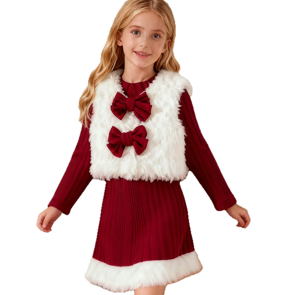 Girls' christmas outfit: white fleece vest with bow detail and matching red maxi skirt