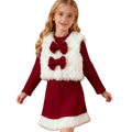 Girls' christmas outfit: white fleece vest with bow detail and matching red maxi skirt