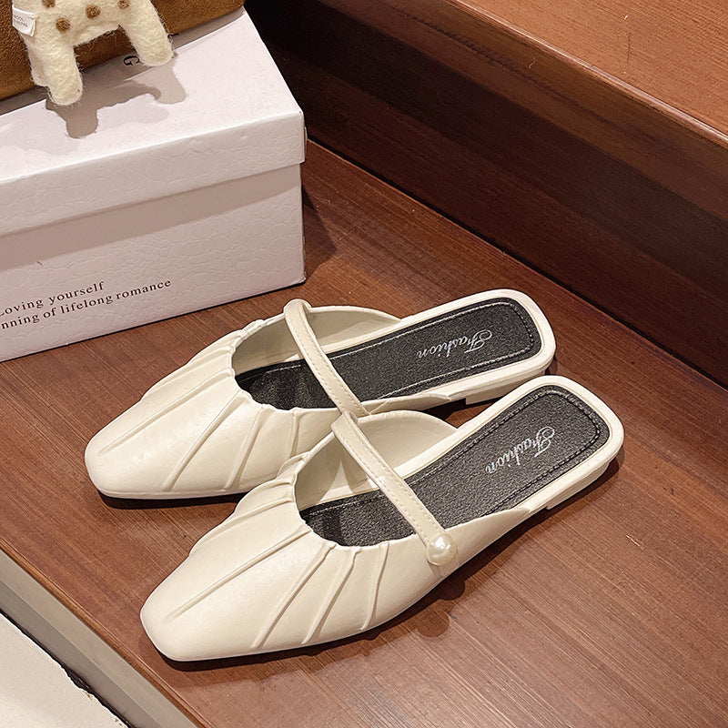 Retroeasiest for match toe half drag pleated half bag slippers women 2025french soft bottom slip-on fairy flats women