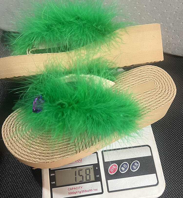 2024 summer new fuzzy slippers women's thick sole slides european and american beach rhinestone wedge flip flops