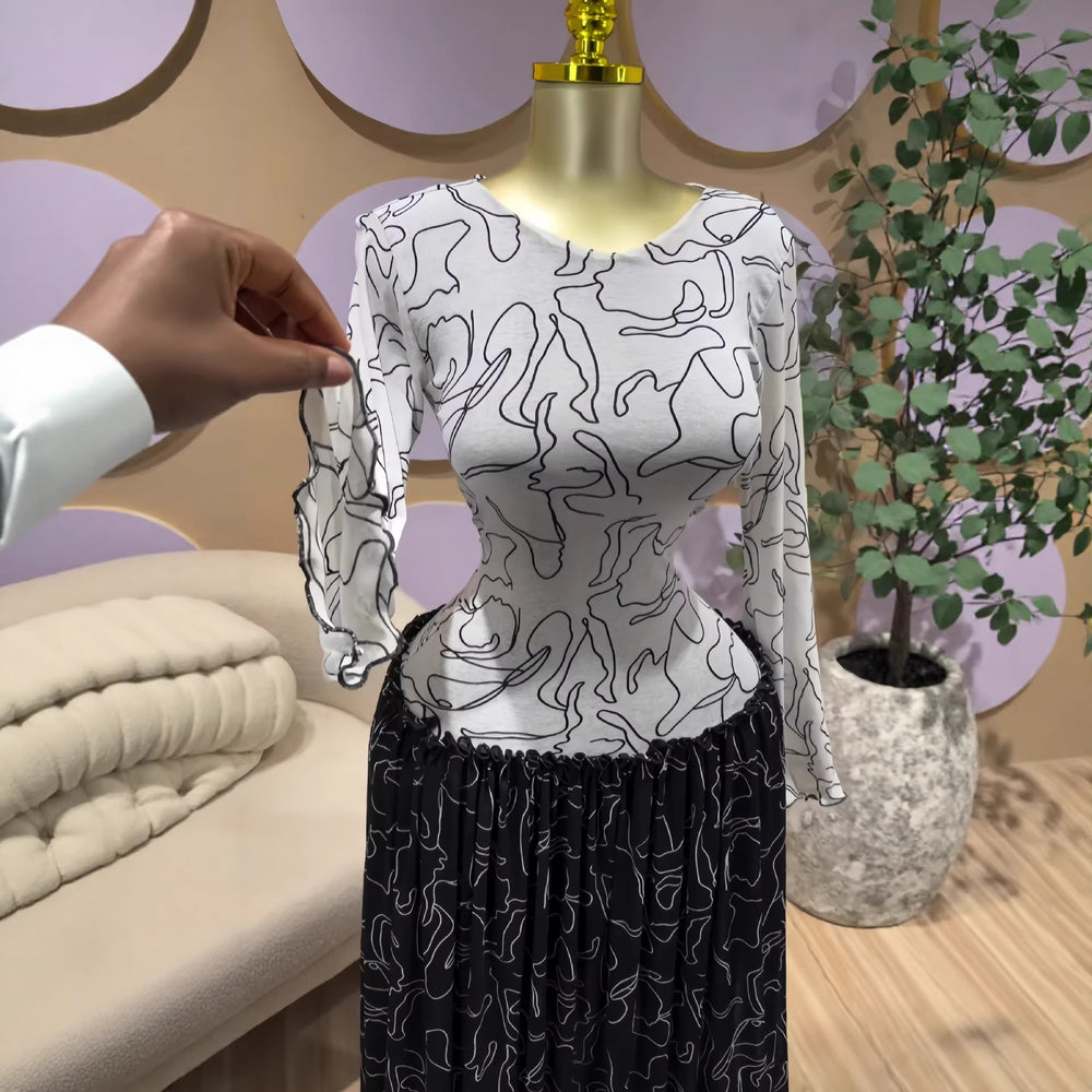 European and american cross-border women's fashion  spring new arrival: long-sleeved, round neck, printed, slim-fit, pleated, patchwork maxi dress