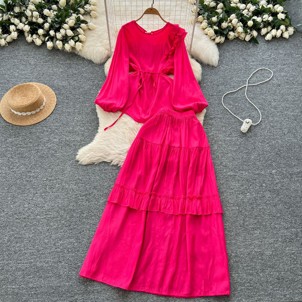 European and american retro style mature woman's minimalist chic set - spring puff sleeve top + elastic waist slimming midi skirt