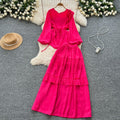 European and american retro style mature woman's minimalist chic set - spring puff sleeve top + elastic waist slimming midi skirt