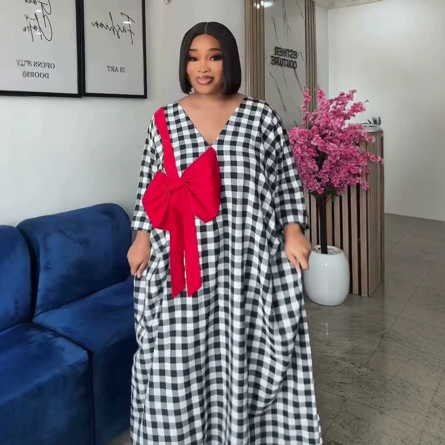 European and american cross-border african women's clothing  summer new arrival: elegant plaid loose plus size bow print dress
