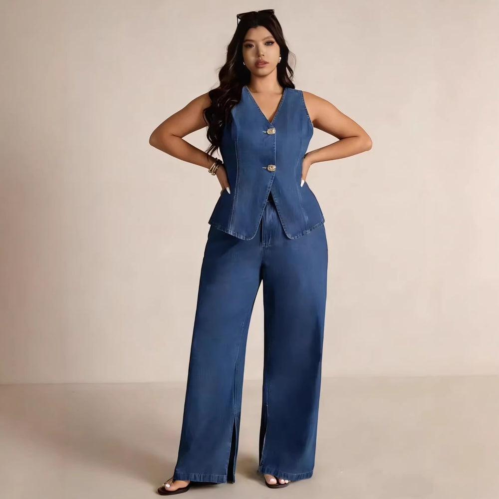 Fashionable and chic button-up sleeveless vest and wide-leg jeans denim set for women - perfect for cross-border e-commerce on  and