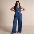 Fashionable and chic button-up sleeveless vest and wide-leg jeans denim set for women - perfect for cross-border e-commerce on  and