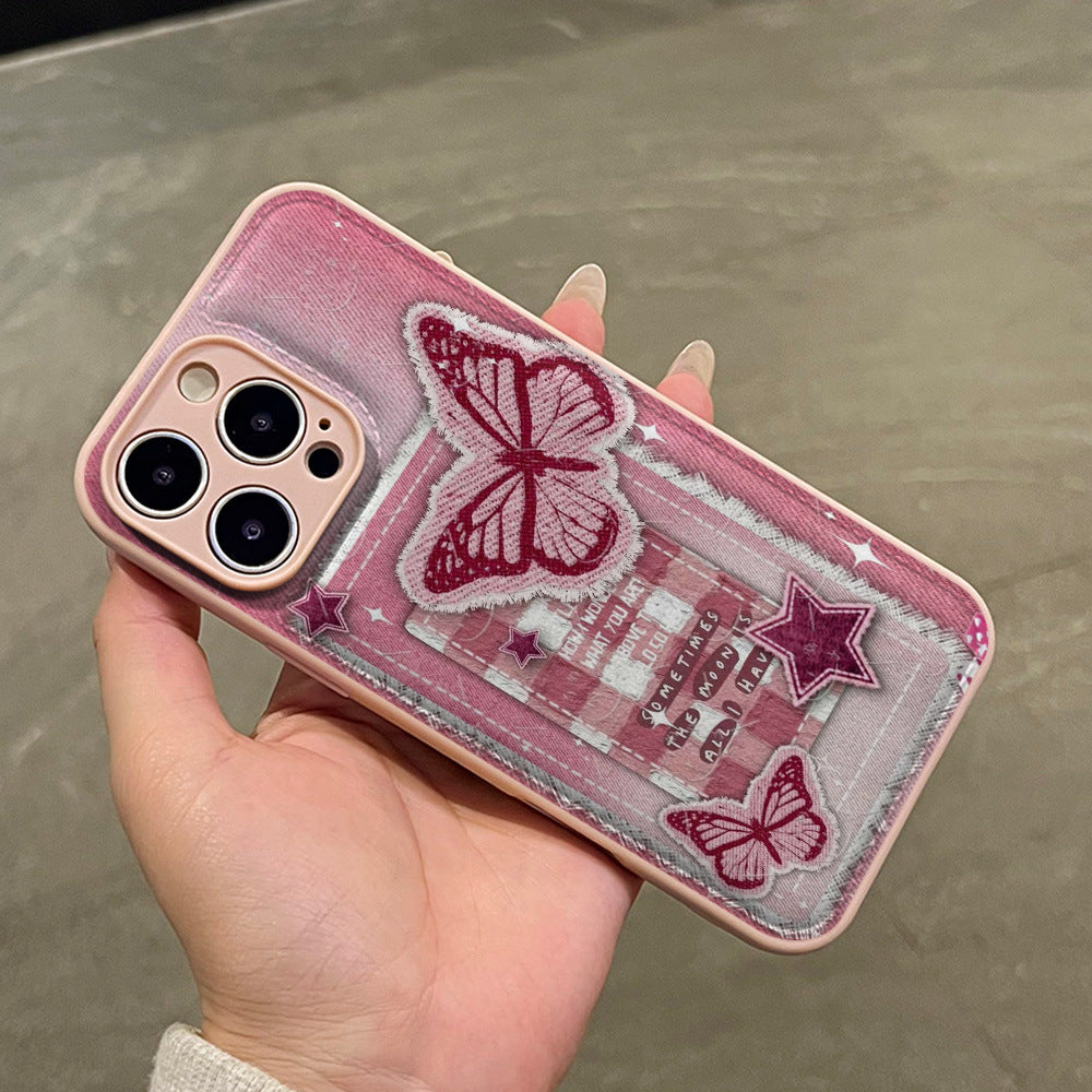 Pink denim embroidered butterfly phone case for iphone 17 & 16 - shockproof leather texture soft case - wholesale for women